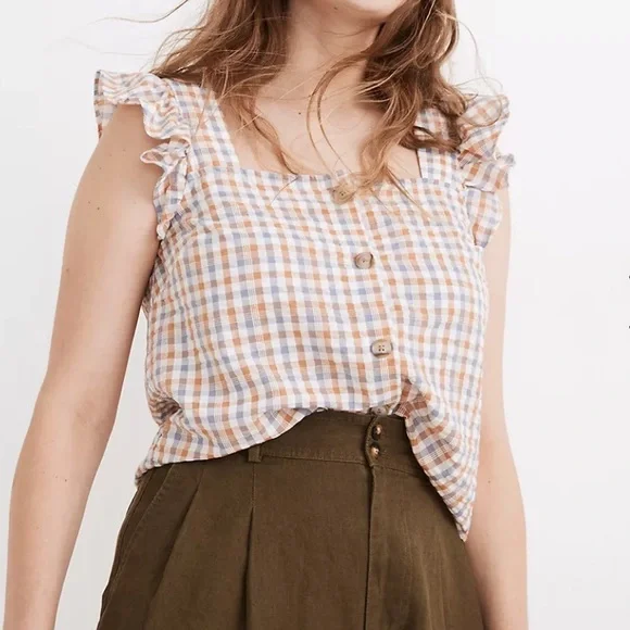 Madewell Gingham Seersucker Ruffle Sleeve Top - Picture 2 of 8